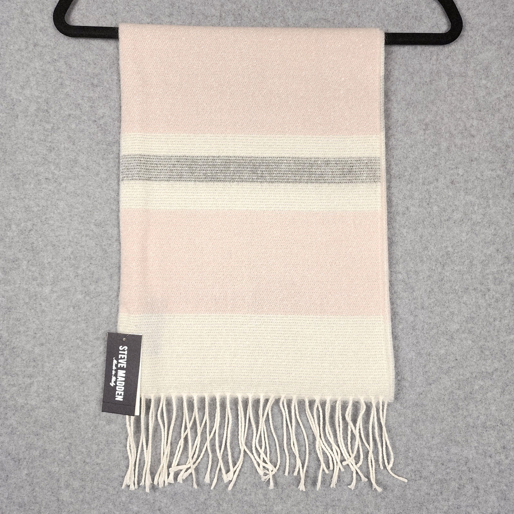 Steve Madden Fringed Scarf Soft Acrylic Ivory Pink Gray Made in Italy 11"x72"